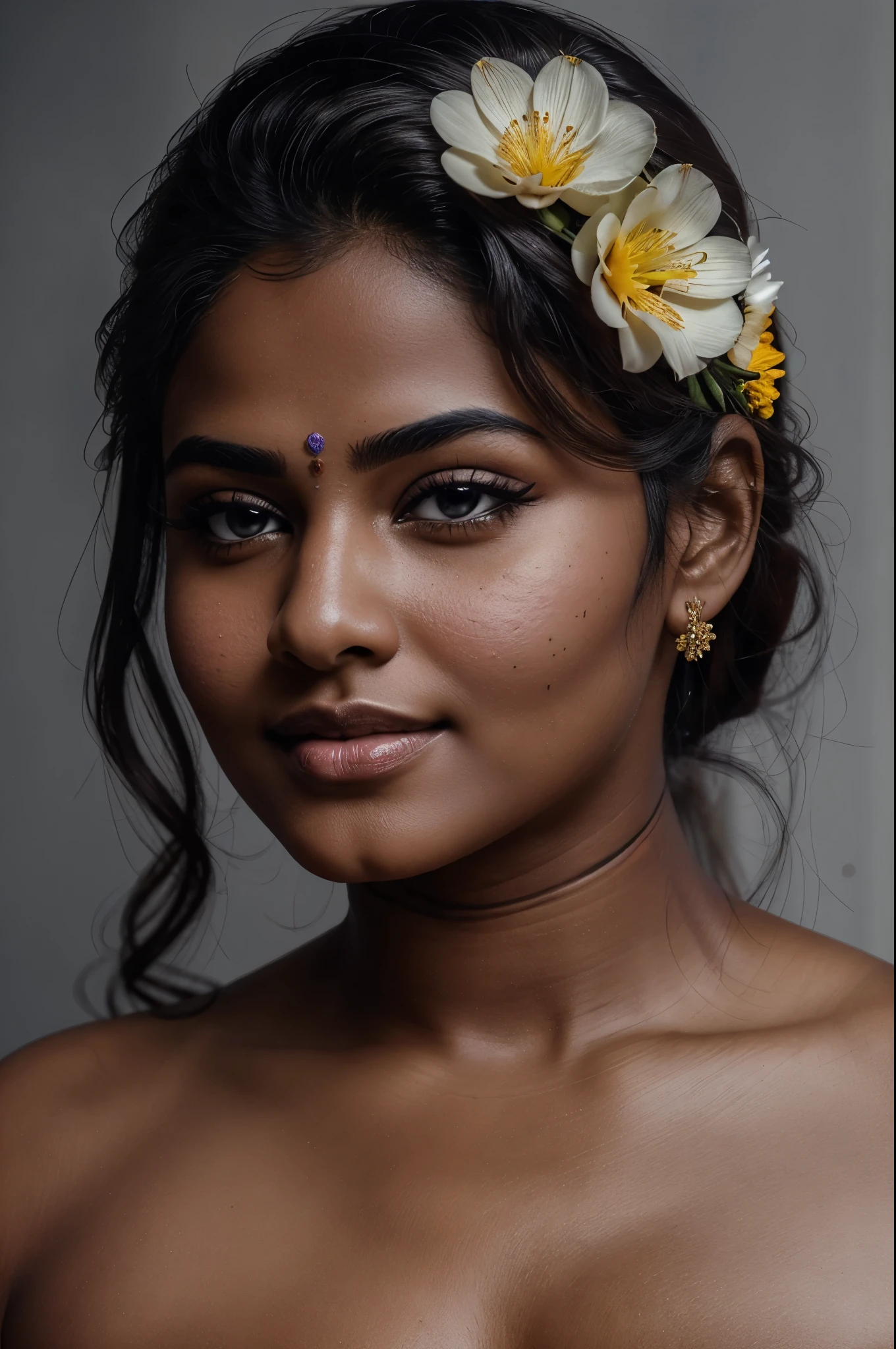 Extremely gorgeous, round face, stunning beauty, ravishing, spicy hot, sizzling hot, sensual shoot, artistic sensual photograpy, thick figure, curvy, Thick navel, sexy tempting lady, sexy navel folds, fleshy figure, woman with a flower in her hair and a flower in her hair, closeup portrait shot, movie stills photography, traditional beauty, body sweat, glistening skin, skin texture, skin pores, traditional clothes , traditional female hairstyles, pretty face!!, shot on sony alpha dslr-a300, indian woman with brown skin, indian goddess, traditional makeup, movie stills, actress, close - up portrait shot, detailed portrait shot