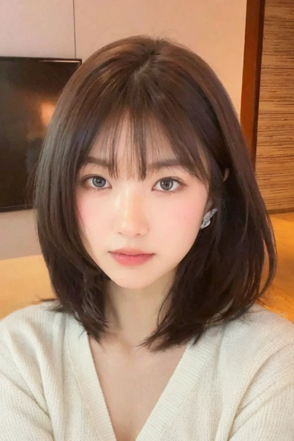 Best Quality, 8k, Masterpiece, (Portrait: 1.3), (photo realistic:1.4), (hyper realistic:1.4), Sharp Focus, looking at viewer, (smoother lighting:1.1), (increase cinematic lighting quality:0.9), realistic lighting, backlighting, light on face, ray trace, (brightening light:1.2), (Increase quality:1.4), sharp detail, (best quality real texture skin:1.4), finely detailed eyes, black_eyes, finely detailed face, 25 year old Korean woman, (crop_top:1.4), (Create an image maintaining the original base model hairstyle:1.5)