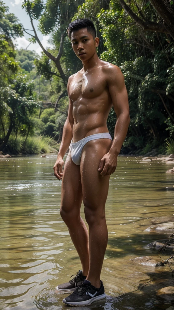 full body portrait photo with natural effect. clothes: Topless, white volleyball shorts,Bigger Phallus in hip brief. shoes: wearing black shoes. situation: Handsome Indonesian young man Supine in the river with his clothes wet from the river water facing the camera