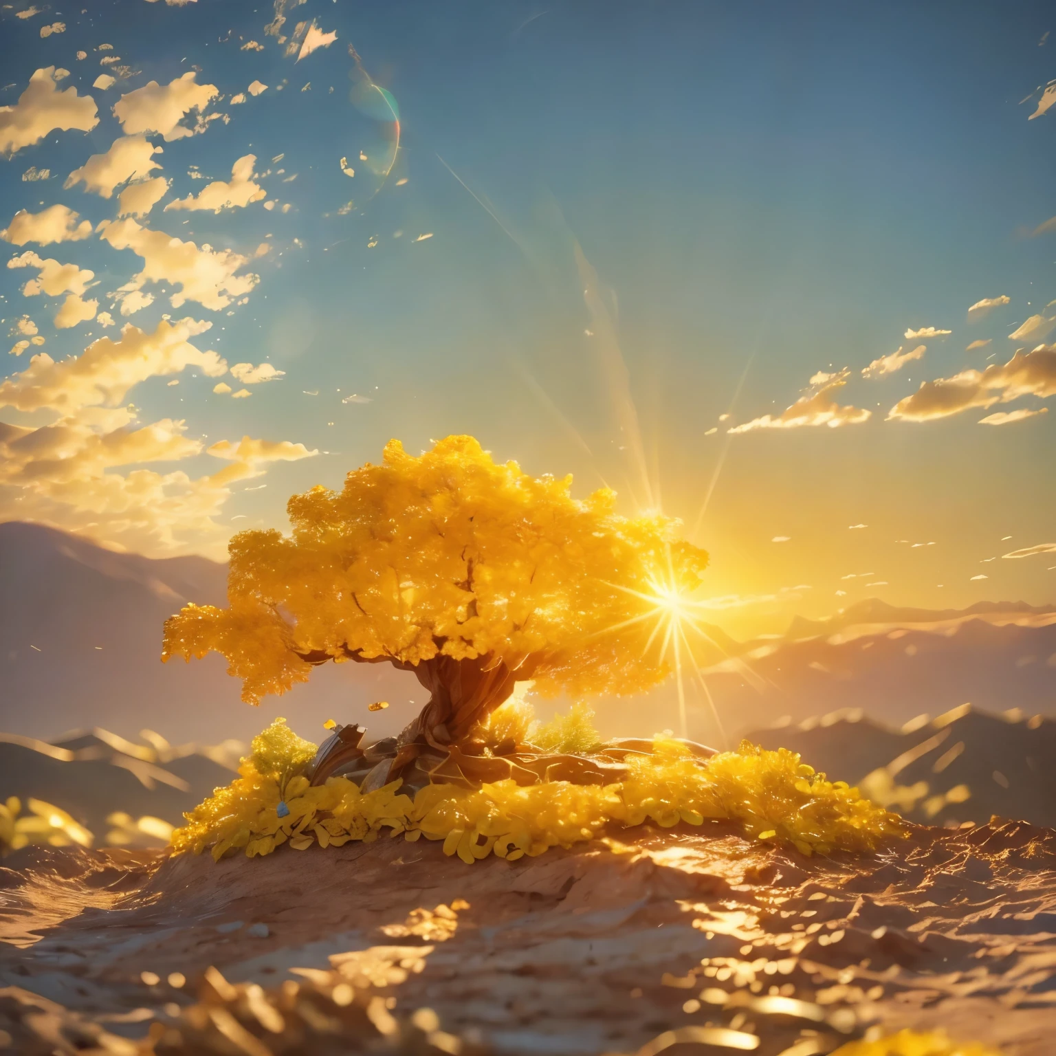 (masterpiece, best quality:1.2), Money tree on the mountain top，Sunshine on the Money Tree（ （（Sunset））），Light warm color（ （（充满阳光元素的masterpiece）））（（best quality））， （（Intricate details））（8K）