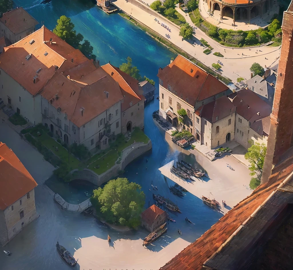 Realism,A town, There is a river next to it,Sun exposure,Real shadows,roof,Magic,Realism,Medieval architecture,Lots of details,Silvaan Sarayi, Real photos of the town, Concept Art,The art of math,Clean background, Delicate shine, Fantastic illustrations, The art of math,epic illustration, Best quality,Perfect details