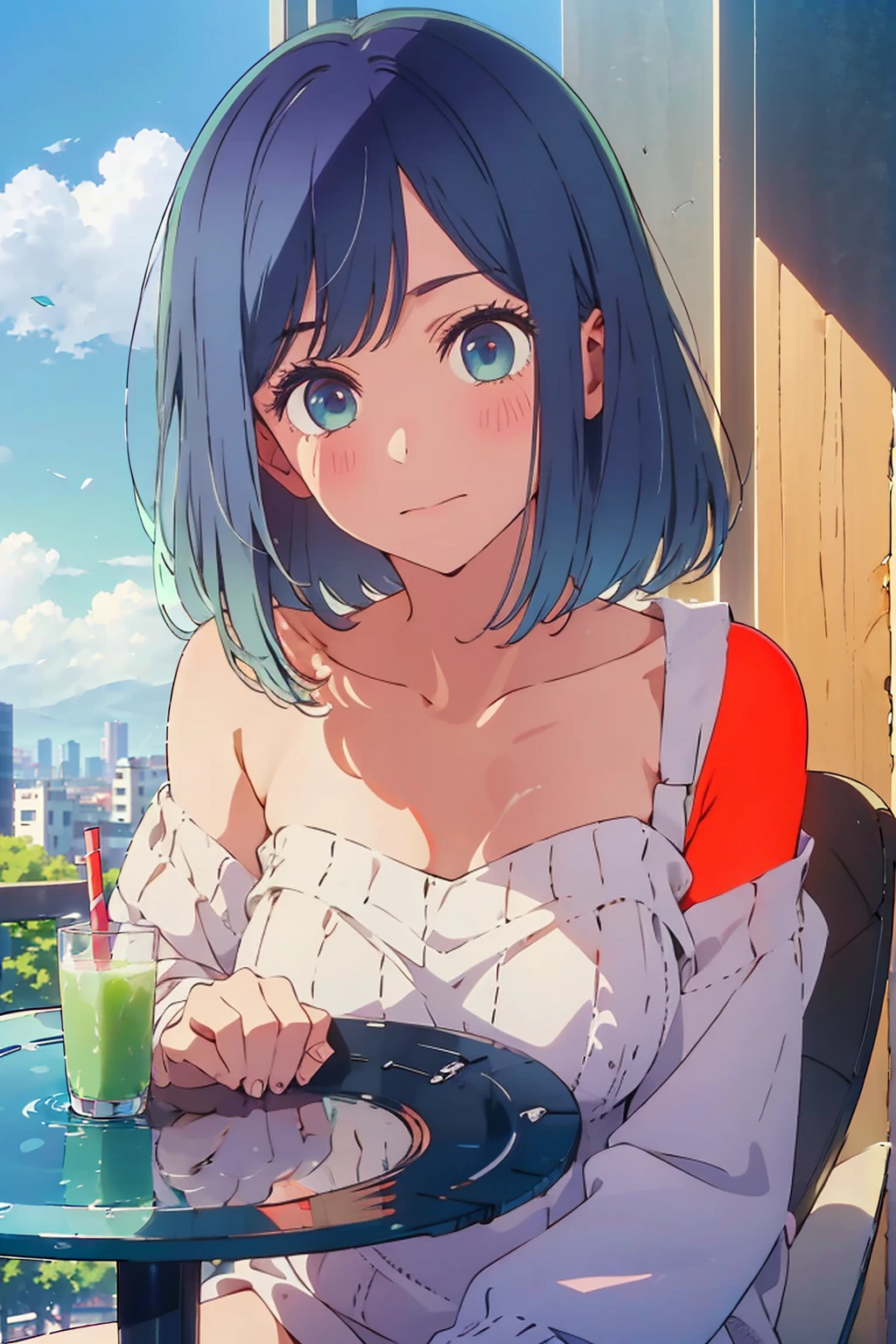 (Highest quality:1.4、8K:1.4、detailed)、F cup bust、Big Breasts、Slim body、Very white beautiful skin、((((1 person、smile、Surprised expression、sit、Chair、In the background are the urban buildings of Tokyo、looking at the camera、Indoor cafe terrace、Navy hair color、Straight Long Hair、juice、Shooting up close、table、Very cute face))))、((((nude、Areola))))、(Touching cheeks with both hands pose:1.4)、(((Off-the-shoulder seamless sweater top)))、Nipples、Very blue sky、A completely cloudless sky