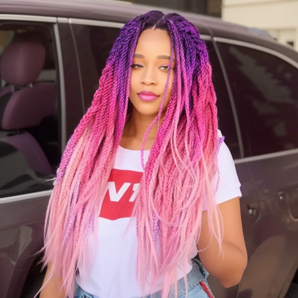 a woman with pink and purple dreadlocks standing in front of a car, ombre purple and pink hairstyle, long braided purple hair, colorful static, purple and pink hair, brilliantly colored, box braids, doja cat, elegant fantasy style braids, vibrant hues, red and purple coloring, pink and purple, colorful, purple and pink, colorful pigtail