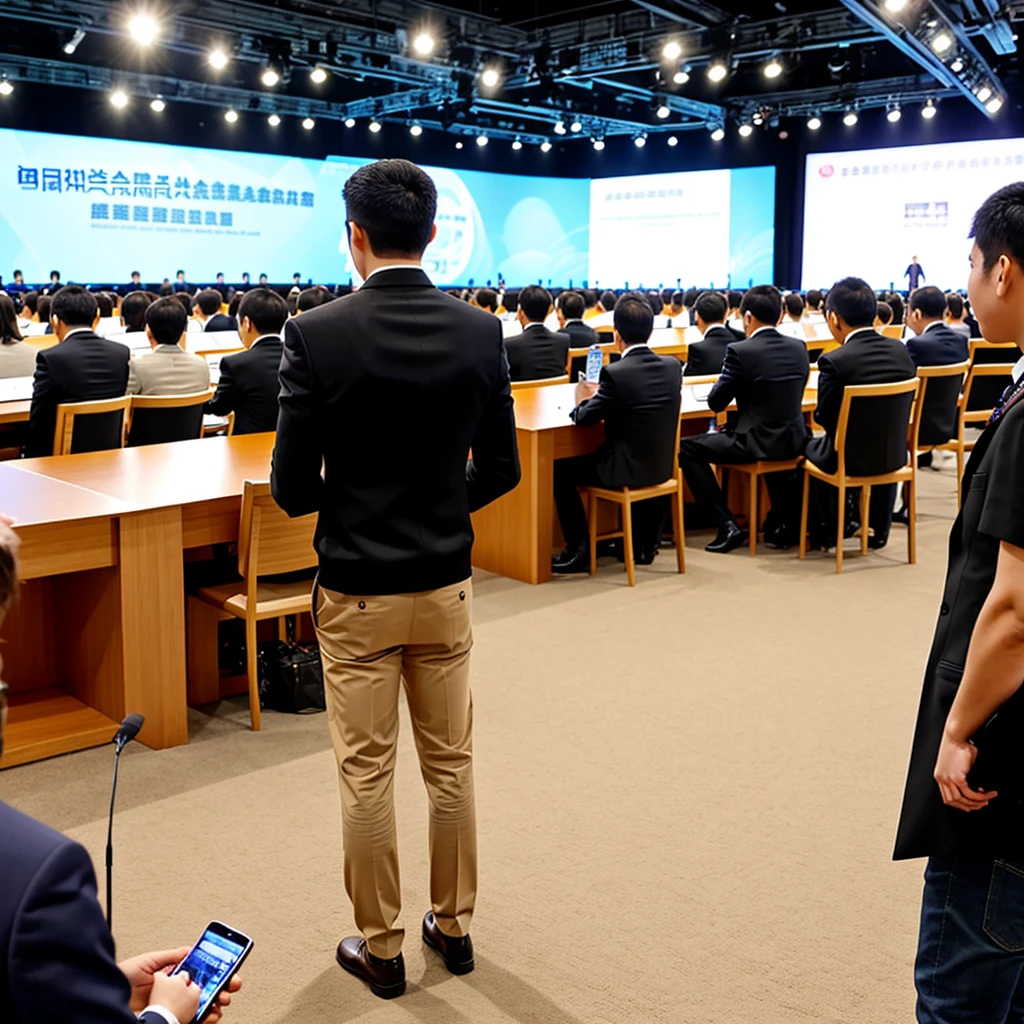 Back photo, There is only one young man in the photo with his back to the camera，at the International Exhibition Conference Hall, speak confidently，There are many audience members in the audience