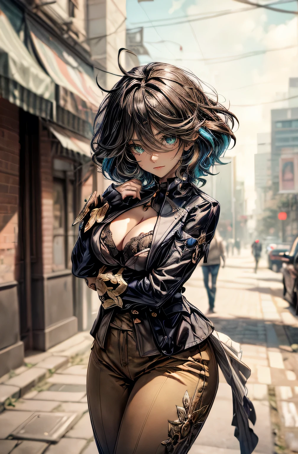 (best quality:1.5, highres, UHD, 4K, detailed lighting, shaders), best quality eyes, perfect hands, perfect finger brown floral haired, gradient hair, big breasts, brown bra, big thighs, big butt, brown jacket , brown long pants, mature woman , (pov), black background, colorful eyeshadow, dramatic lighting, sparkling eyes, sensual expression, golden earrings, flowing hair, delicate facial features, dark skin, high cheekbones, urban setting, black background, dont look for the camera, lean forward, behind the camera