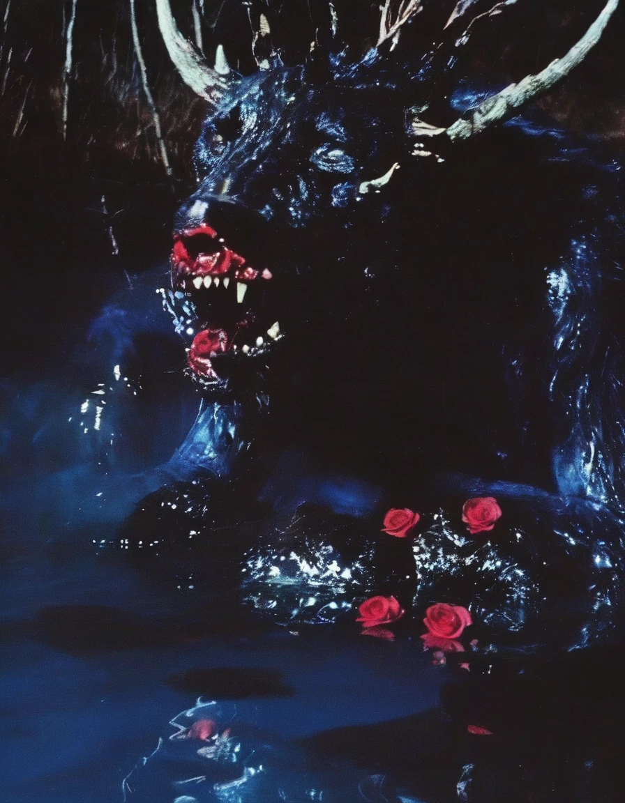 film photography, vintage, close up photo of black filth eating white swan covered in blood in black water, blue dark forest night background