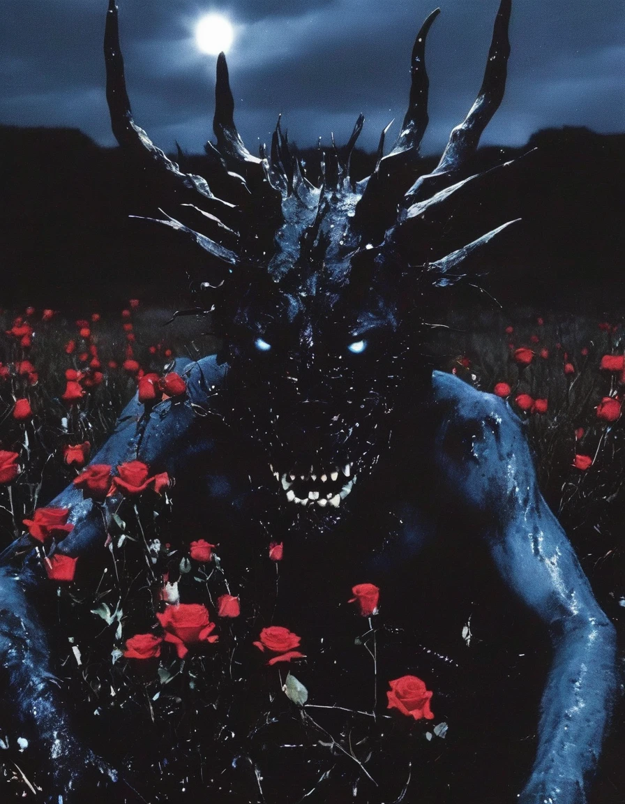 film photography, vintage, close up photo of monster with red roses in black water, blue dark forest night background
