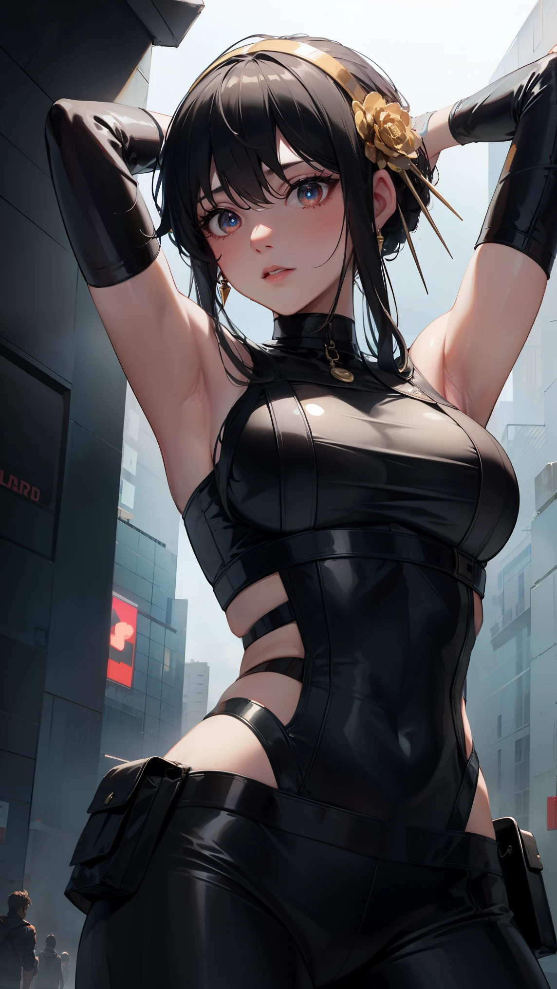 aayorf, sidelocks, gold hairband, hair ornament, red eyes, gold earring,
BREAK ((Official Outfit:1.5)),
BREAK Cyberpunk_CityView, Before Window, standing at attention,armpits,arm up,
BREAK (masterpiece:1.2), best quality, high resolution, unity 8k wallpaper, (illustration:0.8), (beautiful detailed eyes:1.6), extremely detailed face, perfect lighting, extremely detailed CG, (perfect hands, perfect anatomy),