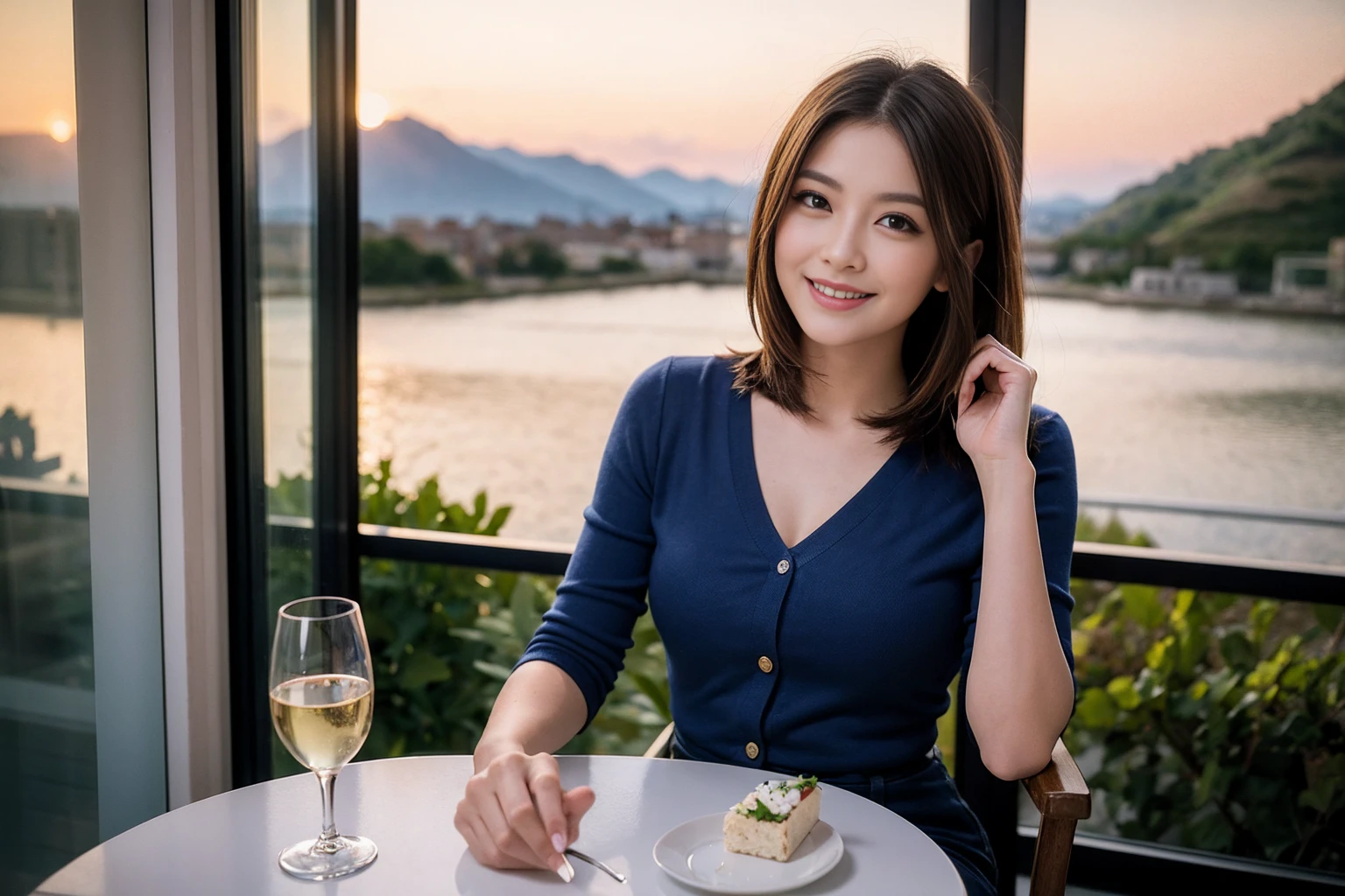 ((Highest quality、8K、masterpiece:1.3))、Sharp focus:1.2、Beautiful woman perfect body:1.4、slimなボディ、((Bob Hale、Straight hair:1.2))、(to be born, Highest quality, masterpiece:1.5), (Realistic, Intricate details:1.2), Ultra-high resolution, Facial Lighting、Amazing view of the sunset sky and clouds、Amazing mountain views、ニコニコ明るいsmile、wine glass、red wine 、Appetizers、Italian food、Wine bottle、Champagne、sparkling wine、, Beautiful Face, blue eyes, The light shines on your face, Blushing, short hair,Bright Face、Fox face、36 years old), 39 years old, Lady、Two beauties、Brown Hair、Shortcuts、Long sleeve shirt、dress、Beautiful woman 1, (slimな顔), (The body is slim), (Brown Hair), (Shortcuts), cheeks turn a little red,Attractive beauty、, Out of the window, Beautiful and detailed night view.........., restaurant, In a prominent place (From the waist up) Nova Frog Style, actress, model, Upper Body, White wine, slim, wine glass, 真ん中に置かれたwine glass, smile, (smile: 1.15), Beautiful fine grain, Depth f/2,saturation, High Contrast, Strong light and shadow,Moist Body:1.5、3D texture、Delicate eyes、Brown Hair、The hair is very shiny、
