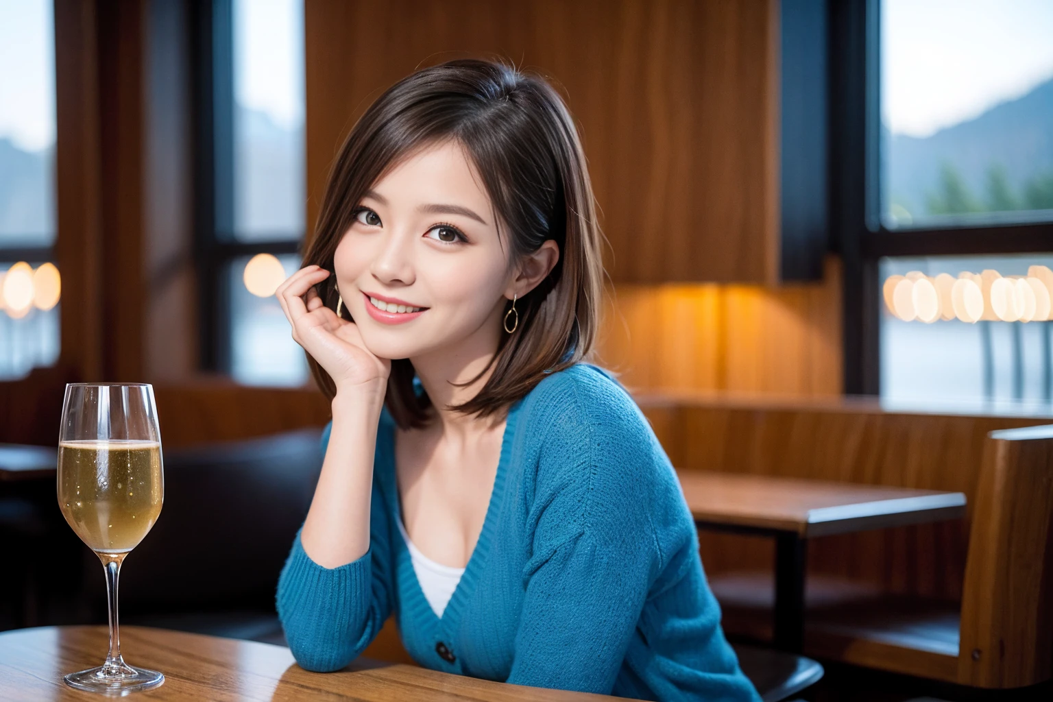 ((Highest quality、8K、masterpiece:1.3))、Sharp focus:1.2、Beautiful woman perfect body:1.4、slimなボディ、((Bob Hale、Straight hair:1.2))、(to be born, Highest quality, masterpiece:1.5), (Realistic, Intricate details:1.2), Ultra-high resolution, Facial Lighting、Amazing view of the sunset sky and clouds、Amazing mountain views、ニコニコ明るいsmile、wine glass、red wine 、Appetizers、Italian food、Wine bottle、Champagne、sparkling wine、, Beautiful Face, blue eyes, The light shines on your face, Blushing, short hair,Bright Face、Fox face、36 years old), 39 years old, Lady、Two beauties、Brown Hair、Shortcuts、Long sleeve shirt、dress、Beautiful woman 1, (slimな顔), (The body is slim), (Brown Hair), (Shortcuts), cheeks turn a little red,Attractive beauty、, Out of the window, Beautiful and detailed night view.........., restaurant, In a prominent place (From the waist up) Nova Frog Style, actress, model, Upper Body, White wine, slim, wine glass, 真ん中に置かれたwine glass, smile, (smile: 1.15), Beautiful fine grain, Depth f/2,saturation, High Contrast, Strong light and shadow,Moist Body:1.5、3D texture、Delicate eyes、Brown Hair、The hair is very shiny、