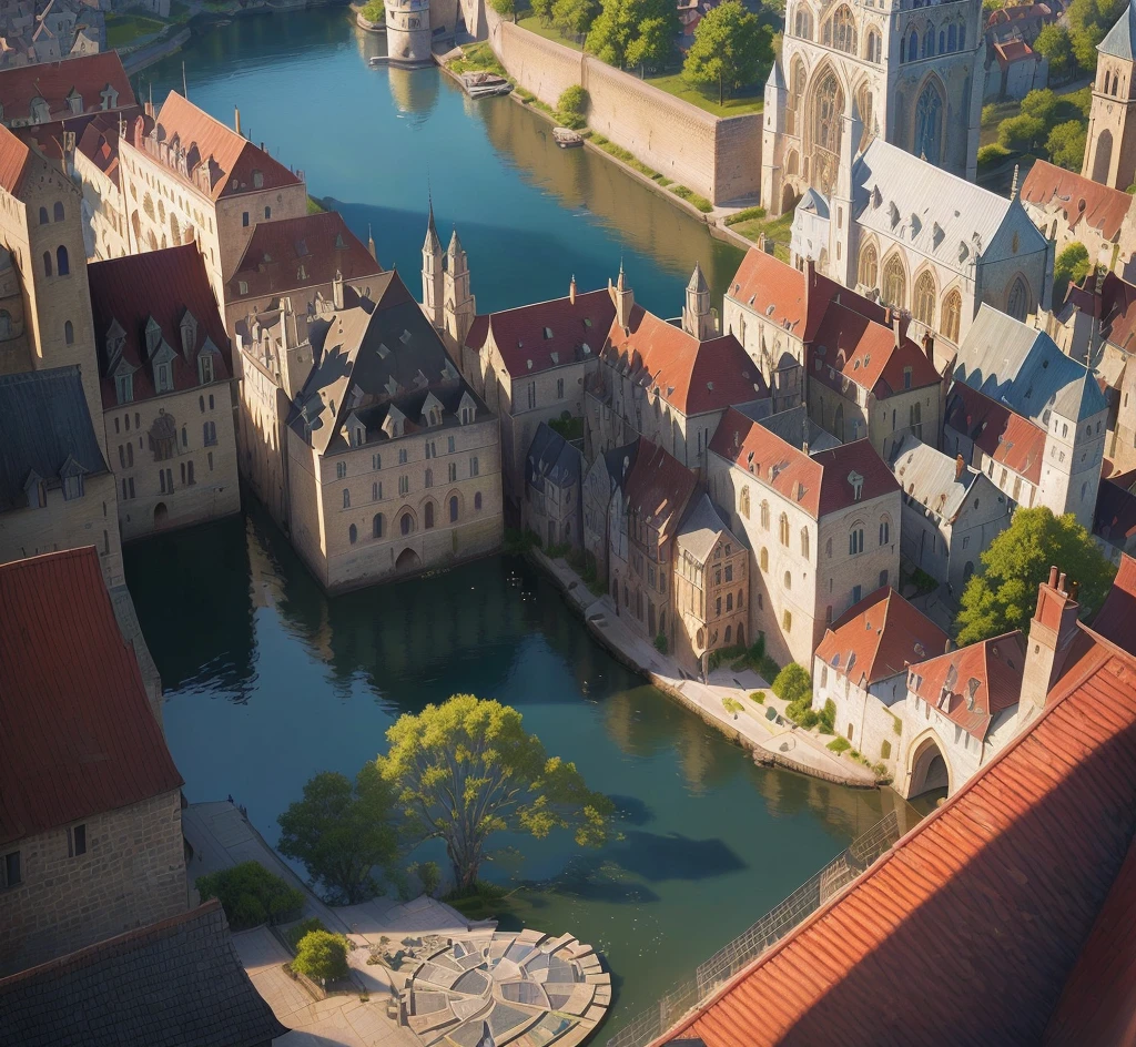 Realism，A town, There is a river next to it，Sun exposure，Real shadows，roof，Magic，Realism，Medieval architecture，Lots of details，Silvaan Sarayi, Real photos of the town, Concept Art,The art of math,Clean background, Delicate shine, Fantastic illustrations, The art of math,epic illustration,  Best quality，Perfect details