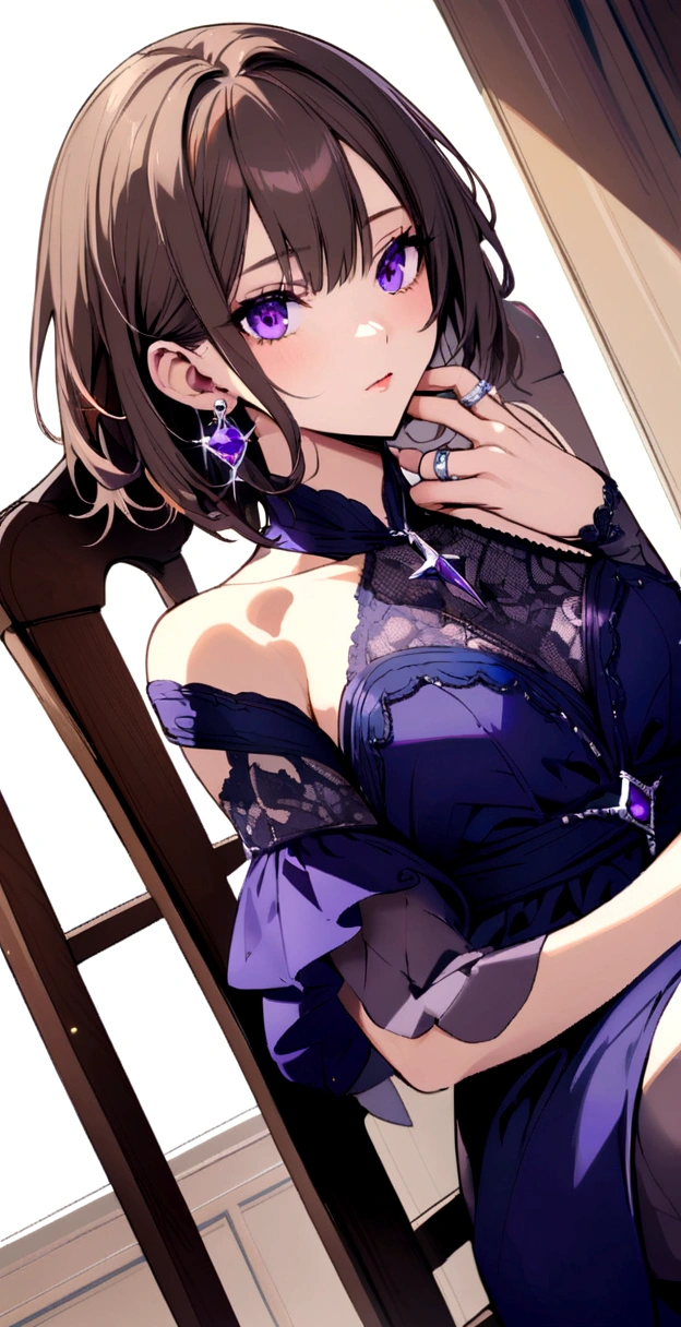 Brown short hair,Purple Eyes,Navy Blue Dress,Ring earrings,sitting cross-legged on a chair,