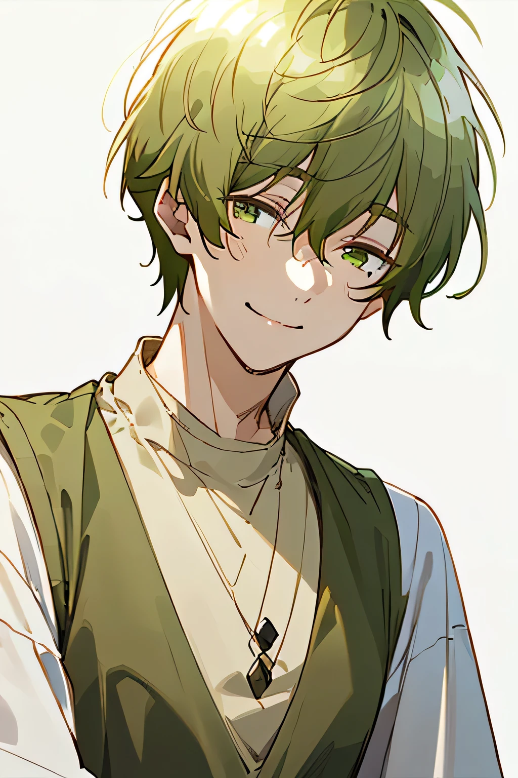 masterpiece, best quality, high quality, 1boy, solo, male focus,upper body, takahiro_mizusawa, realistic, ((flipped hair))，(((Ash green hair)))，(((Ash green eyes)))，((head tilt))，(looking at viewer)，(((light smile)))，mole under eye，(((droopy eyes)))，((long sleeve white T-shirt))，((simple beige vest))，(((short hair)))，white background