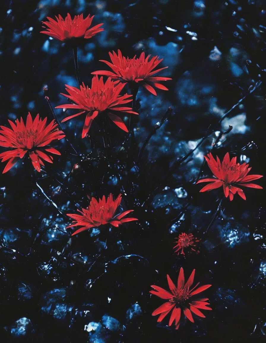 film photography, vintage, close up photo of red flowers in black water, blue dark forest night background