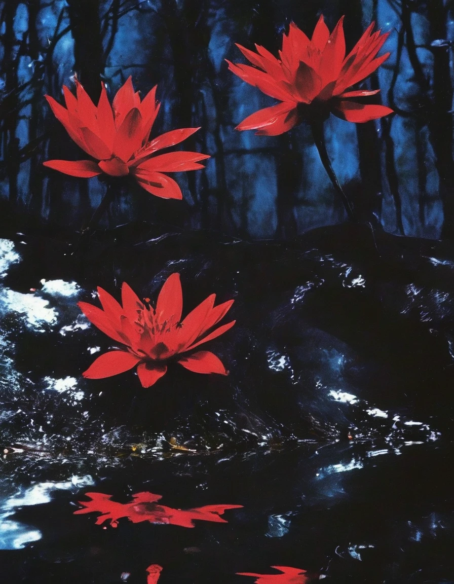 film photography, vintage, close up photo of red flowers in black water, blue dark forest night background