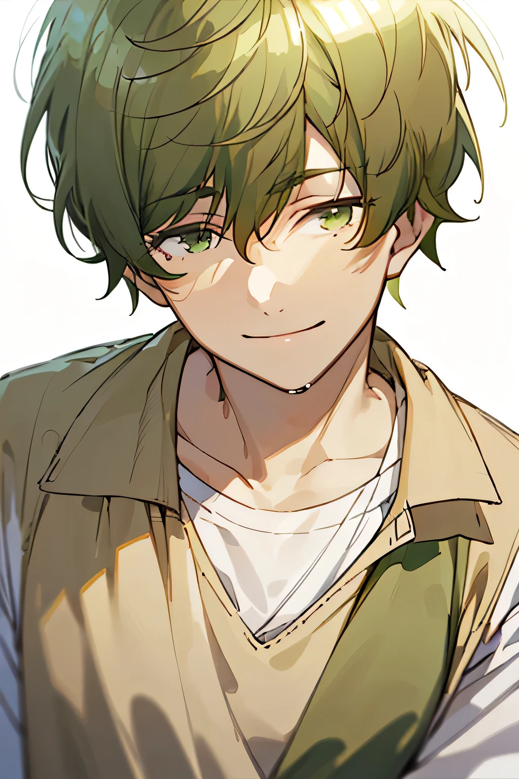 masterpiece, best quality, high quality, 1boy, solo, male focus,upper body, takahiro_mizusawa, realistic, ((flipped hair))，(((Ash green hair)))，(((Ash green eyes)))，((head tilt))，(looking at viewer)，(((light smile)))，mole under eye，(((droopy eyes)))，((long sleeve white T-shirt))，((simple beige vest))，(((short hair)))，white background