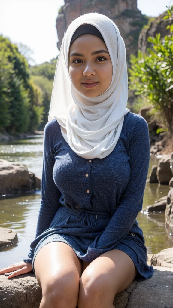 RAW, (Best quality, high resolution, work: 1.3), Beautiful Malay woman in hijab, plump body, naked, Big breasts, Beautiful big eyes, Soft smile, beautiful face, super horny face, slightly open mouth, thick thighs, beautiful buttocks, , beautiful big eyes , gentle smile, beautiful girl, detailed face, Muslim woman sitting on icy water hole, at cave, in a pantless, wearing a long flowy fabricating, casual pose, wearing casual clothes, very long pleated skirt, wearing casual clothing, white hijab , with a beautiful look Beautiful, perfect lighting, 8k
