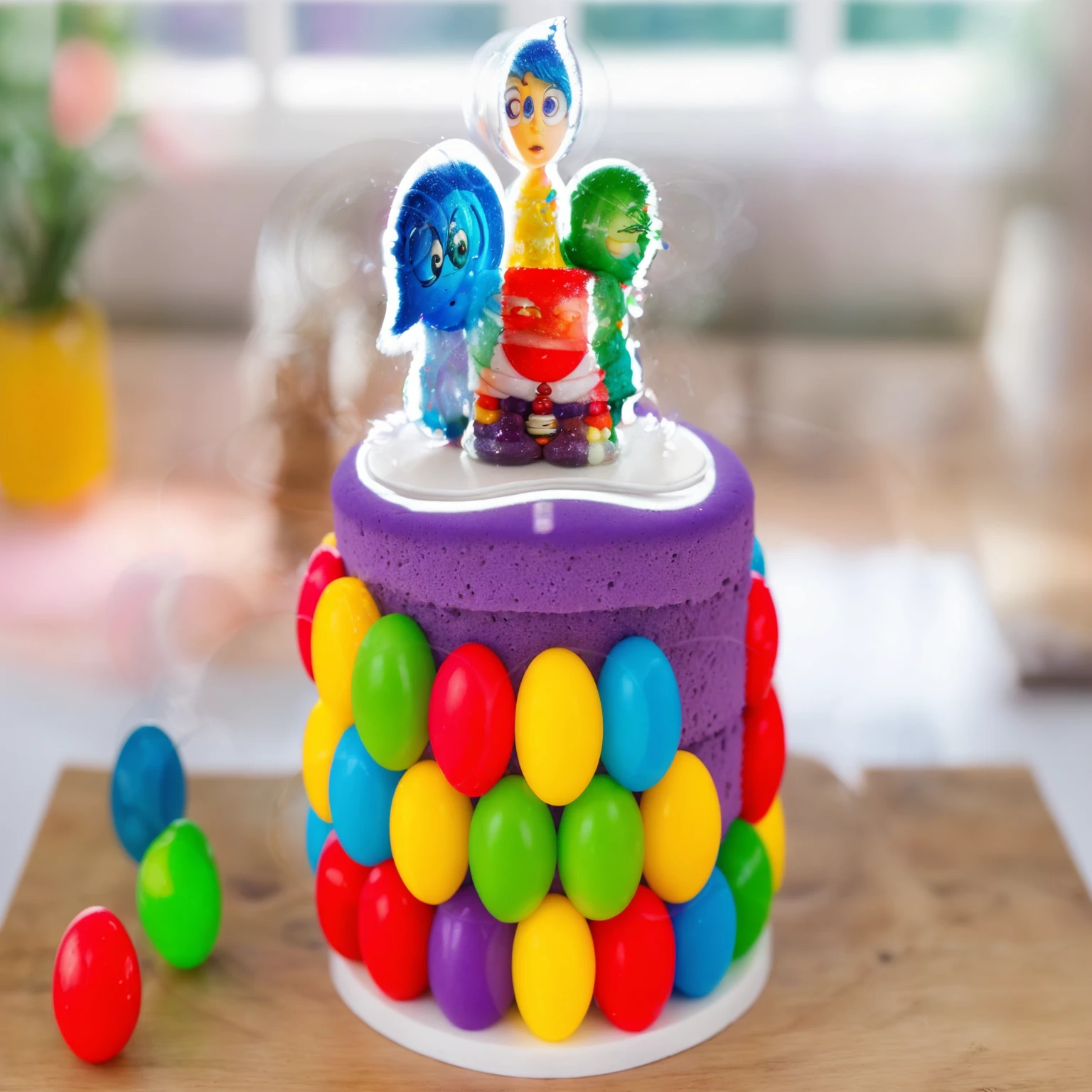 on a wooden table, there is a white plate with cake. PURPLE SPONGE CAKE. RAINBOW SPHERES made of polymer clay. ON THE TABLE ARE THREE MULTI-COLORED SPHERES. window in the background, Contour light, Beautiful light from the window. THE CAKE HAS A STICKER WITH CARTOON CHARACTERS inside out. Realistic style. realistic texture. detailed texture . high quality photo. bright lighting. beautiful light. high quality. A high resolution. macro photography. ultra hd 8k