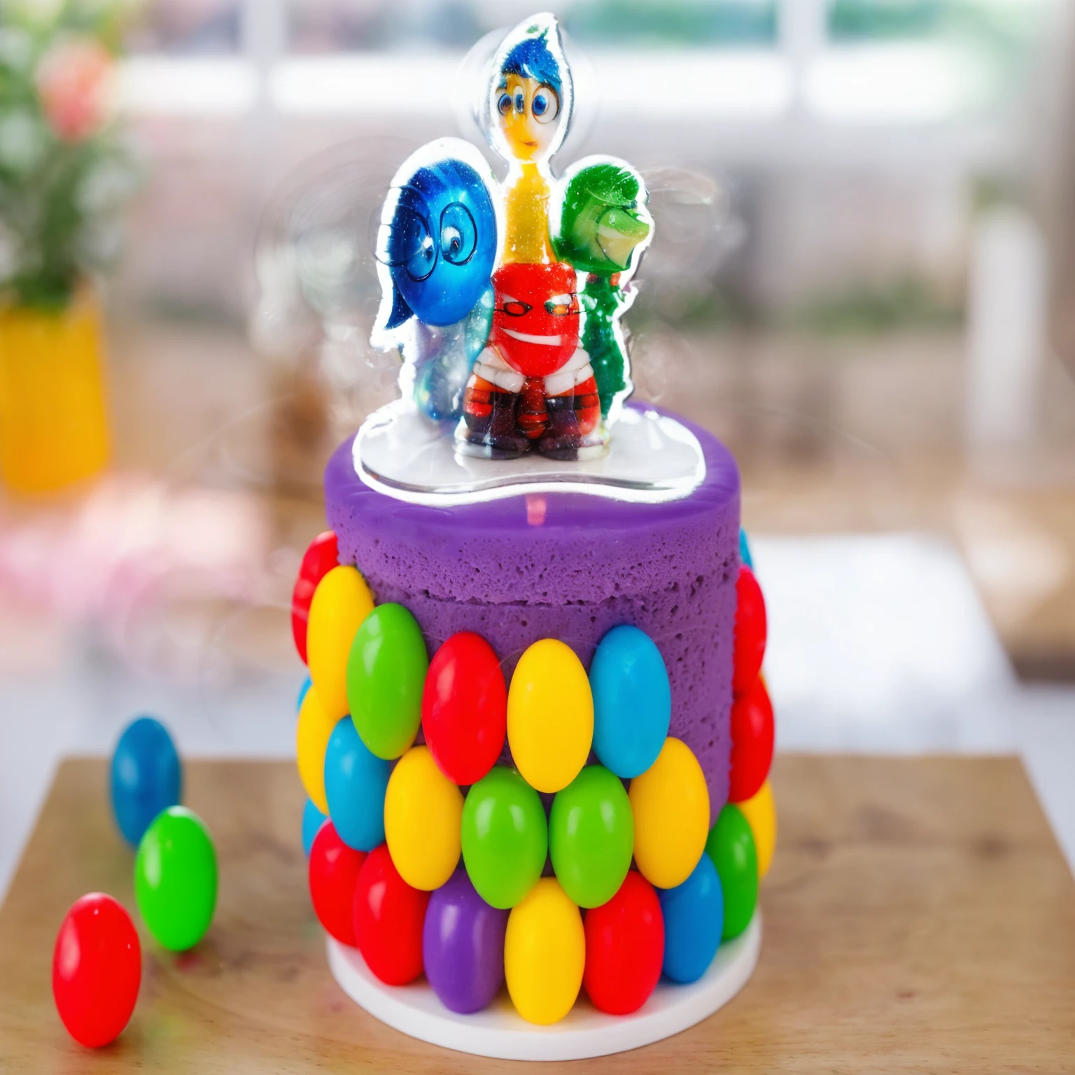 on a wooden table, there is a white plate with cake. PURPLE SPONGE CAKE. RAINBOW SPHERES made of polymer clay. ON THE TABLE ARE THREE MULTI-COLORED SPHERES. window in the background, Contour light, Beautiful light from the window. THE CAKE HAS A STICKER WITH CARTOON CHARACTERS inside out. Realistic style. realistic texture. detailed texture . high quality photo. bright lighting. beautiful light. high quality. A high resolution. macro photography. ultra hd 8k