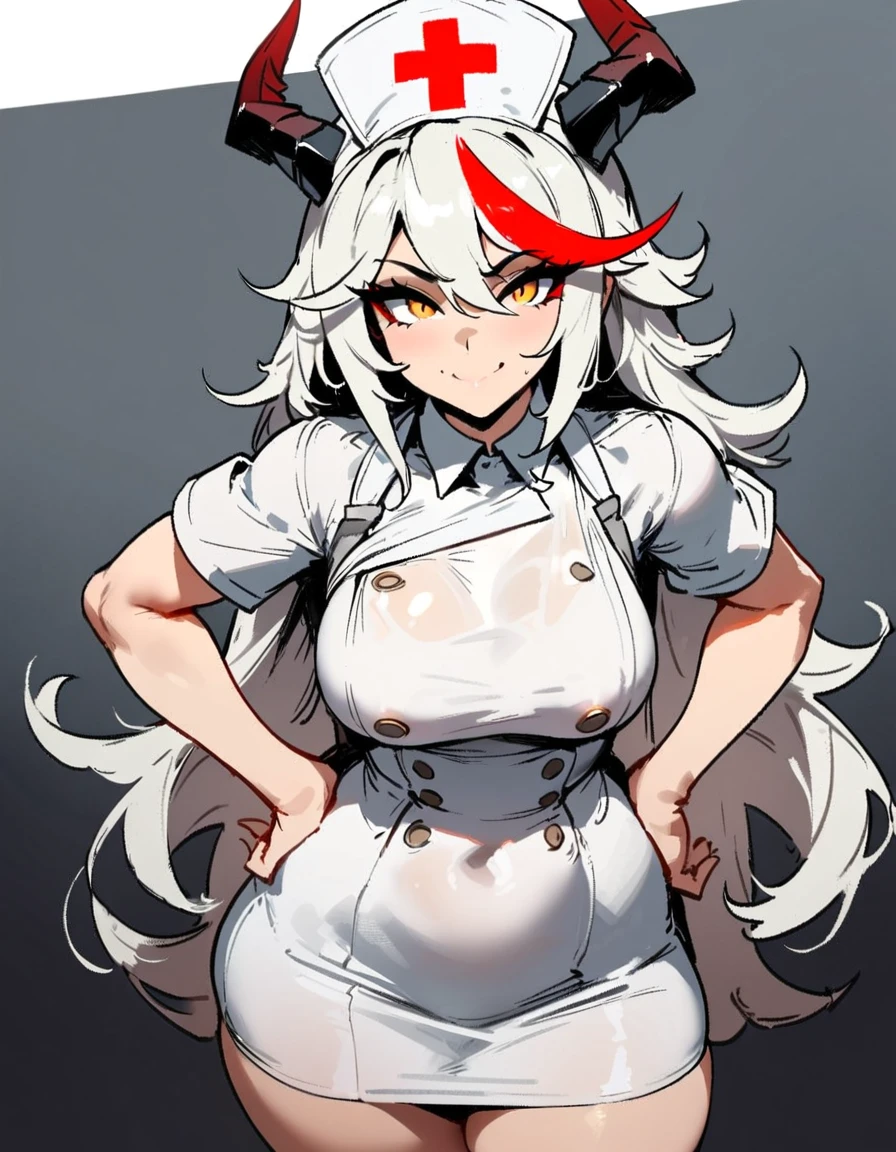 1girl, aegir \(azur lane\), azur lane \\\\\ masterpiece, best quality, very aesthetic, absurdres, newest \\\\\\ sportive body,  \\\\\\ by nyantcha,,by cutesexyrobutts,by khyle ///// white hair with a single prominent red streak, black horns, yellow eyes,  , white (nurse outfit:1.2), skirt, , white pencil skirt, nurse cap, , , a red cross on the cap, standing, (white background:1.2),  rating general, horny smile, hands on hips