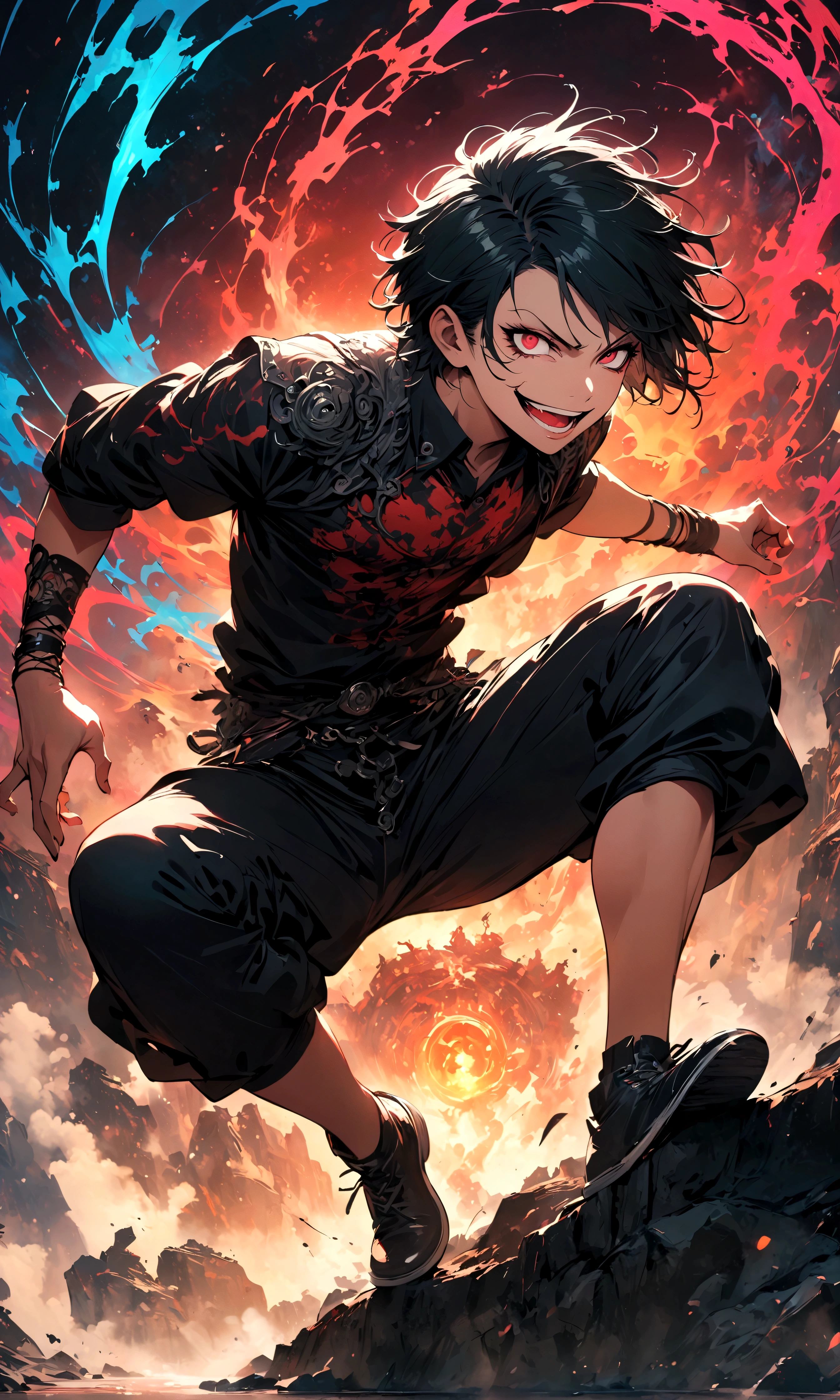 1 male,Jinmu,Tokyo Ghoul,,Ishida Sui's style,Intricate details,Use black and white as the main colors,decadent,artwork,Rendering,Dynamic poses,(masterpiece:1.3),(best quality:1.4),(Extremely detailed:1.5),high resolution,Extremely detailed,Unity 8K wallpaper,Dark Fantasy,glare,Fighting Style,Crazy smile,tangled,Best color balance,