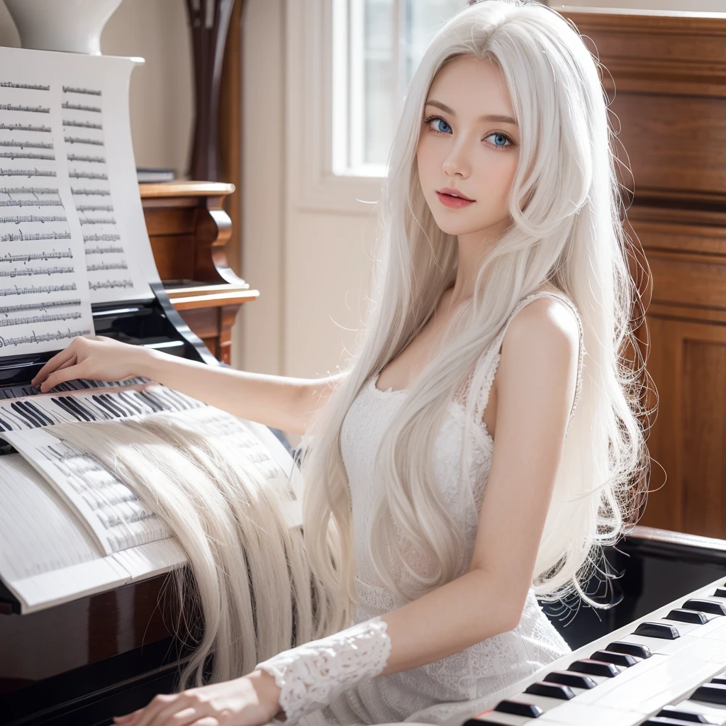 Woman, White long, curly hair，Natural hair. white hair.  Blue eyes. happy. music. Piano. 