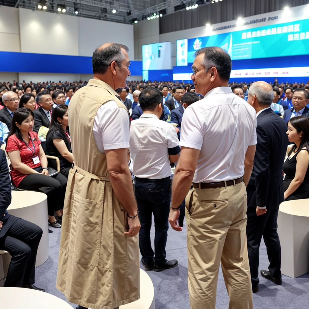 Back photo, There is only one middle-aged man in the photo with his back to the camera，He is dressed in casual clothes，at the International Exhibition Conference Hall, speak confidently，He was speaking to many audiences in the audience