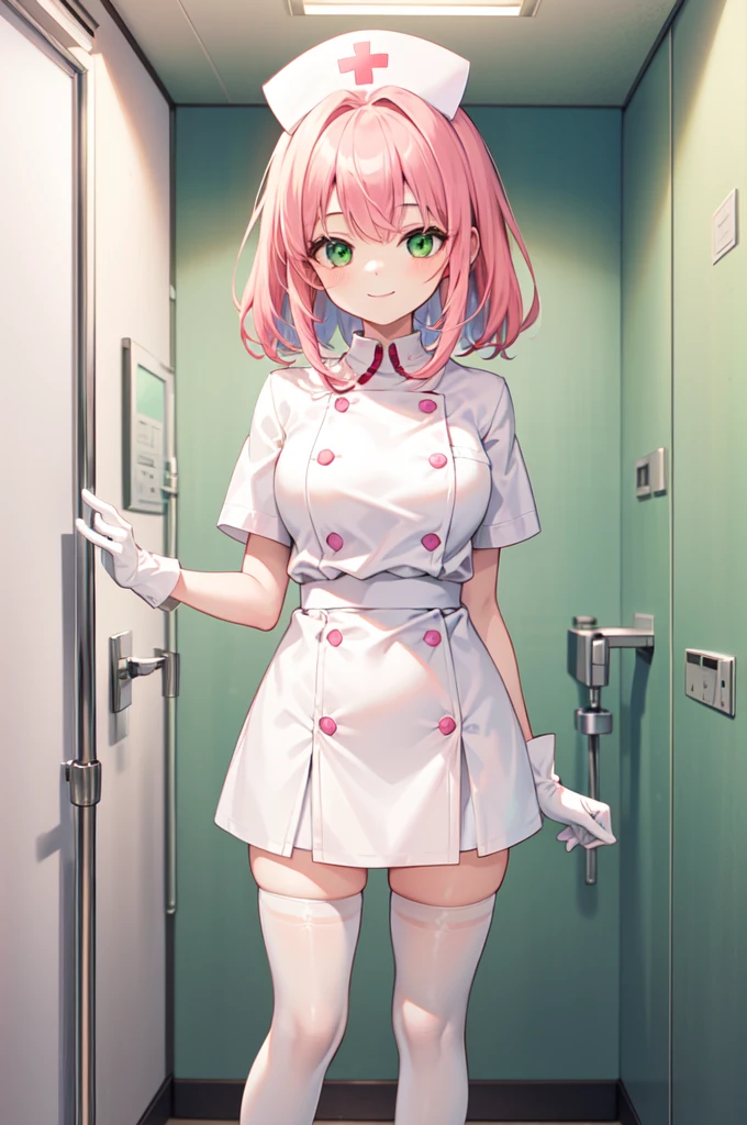 1girl, solo, nurse, white nurse cap, white nurse uniform, ((white legwear, zettai ryouiki)), white gloves, pink hair, green eyes, drooping eyes, smile, standing, ((hospital room)), sharp outline, short sleeves, best quality, masterpiece