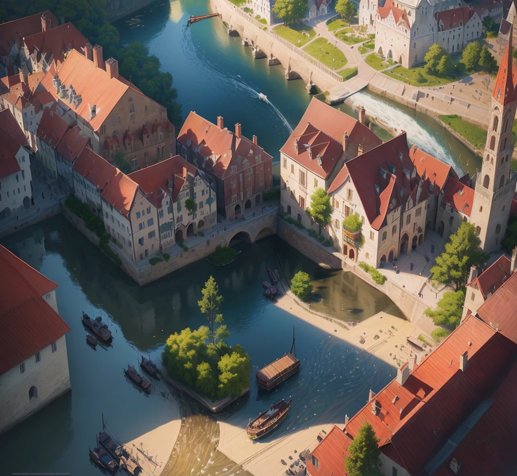 Realism,A town, There is a river next to it,Sun exposure,Real shadows,roof,Magic,Realism,Medieval architecture,Lots of details,Silvaan Sarayi, Real photos of the town, Concept Art,The art of math,Clean background, Delicate shine, Fantastic illustrations, The art of math,epic illustration, Best quality,Perfect details
