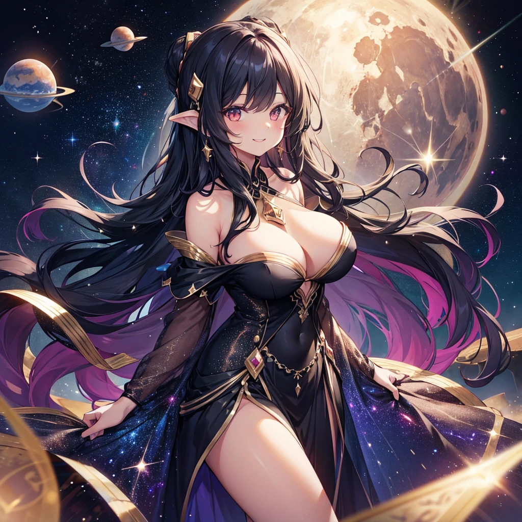 Woman with very long wavy black hair tan skin, massive breast,  wearing a beautiful dark majenta  glitter dress and smiling up. Little, surrounded by outerspace, planets, and galaxies