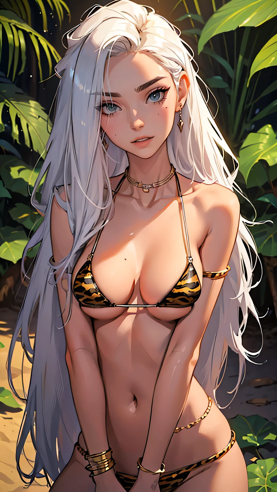 （lifelike， high - resolution：1.3）， 1 girl with a perfect body，slender body, Super fine face and eyes，assasin, dark makeup, shiny skin，white hair, (jungle bikini, animal print micro bikini)，Expose cleavage, (bracelets, tooth jewelry, a lot of necklaces, very long necklaces, necklaces down to stomach, body chains, waist chains), chain leash, viewer holding leash


