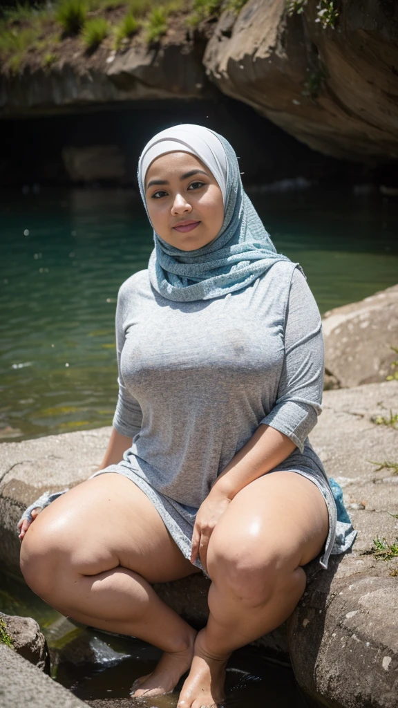 RAW, (Best quality, high resolution, work: 1.3), Beautiful Malay woman in hijab, plump body, naked, Big breasts, Beautiful big eyes, Soft smile, beautiful face, super horny face, slightly open mouth, thick thighs, beautiful buttocks, , beautiful big eyes , gentle smile, beautiful girl, detailed face, Muslim woman sitting on icy water hole, at cave, in a pantless, wearing a long flowy fabricating, casual pose, wearing casual clothes, very long pleated skirt, wearing casual clothing, white hijab , with a beautiful look Beautiful, perfect lighting, 8k