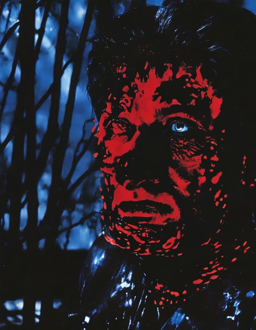 film photography, vintage, close up photo of red face in black water, blue dark forest night background