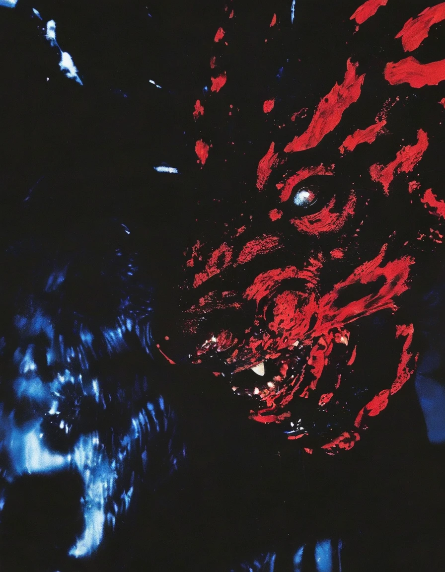 film photography, vintage, close up photo of red face in black water, blue dark forest night background