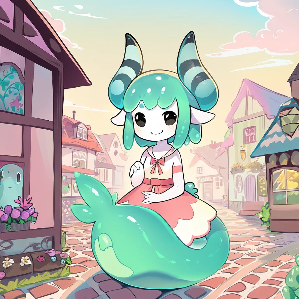 A furry slime monster girl with white-green fur a long three pronged tail large black eyes a small smile with a single fang showing and a large horn rising from her head, she is wearing a cute outfit background is a small town in whimsical art style