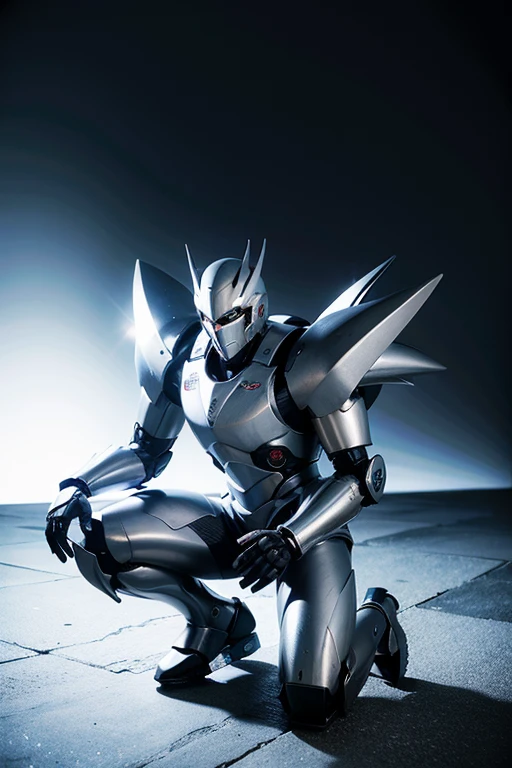((best quality)), ((masterpiece)), Get down on one knee,Mecha,Future Style,knight,Silver Ice Reflective Armor