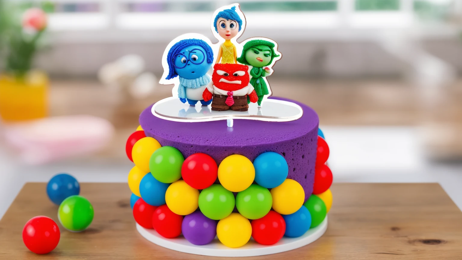on a wooden table, there is a white plate with cake. PURPLE SPONGE CAKE. RAINBOW SPHERES made of polymer clay. ON THE TABLE ARE THREE MULTI-COLORED SPHERES. window in the background, Contour light, Beautiful light from the window. THE CAKE HAS A STICKER WITH CARTOON CHARACTERS inside out. Realistic style. realistic texture. detailed texture . high quality photo. bright lighting. beautiful light. high quality. A high resolution. macro photography. ultra hd 8k