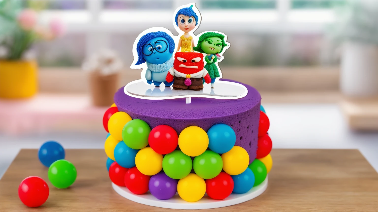 on a wooden table, there is a white plate with cake. PURPLE SPONGE CAKE. RAINBOW SPHERES made of polymer clay. ON THE TABLE ARE THREE MULTI-COLORED SPHERES. window in the background, Contour light, Beautiful light from the window. THE CAKE HAS A STICKER WITH CARTOON CHARACTERS inside out. Realistic style. realistic texture. detailed texture . high quality photo. bright lighting. beautiful light. high quality. A high resolution. macro photography. ultra hd 8k