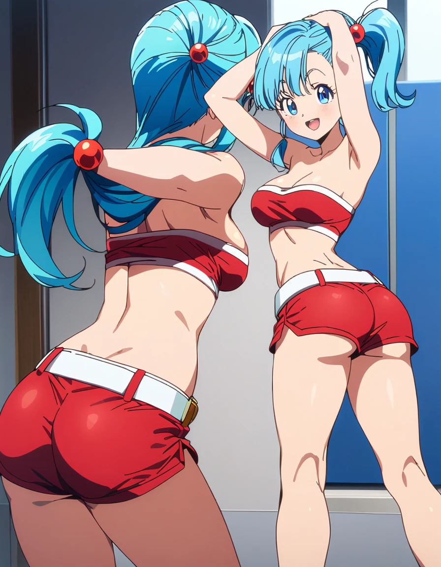 score_9, score_8_up, score_7_up, BREAK back view, arched back,hands on the head,standing,spread legs,fullbody,1girl,bulma, blue eyes, blue hair,bare shoulders, belt, cleavage, hair bobbles, hair ornament, hair over shoulder,medium breast,midriff, navel, one side up, red tube top, shorts,ass, side ponytail, (strapless, tube top,under_boob:1),ass,,looking at viewer,facial expression,smile,masterpiece, best quality,  detailed body, highly detailed, anime coloring.anime,[anime_screencap:0.8] , highly detailed,
