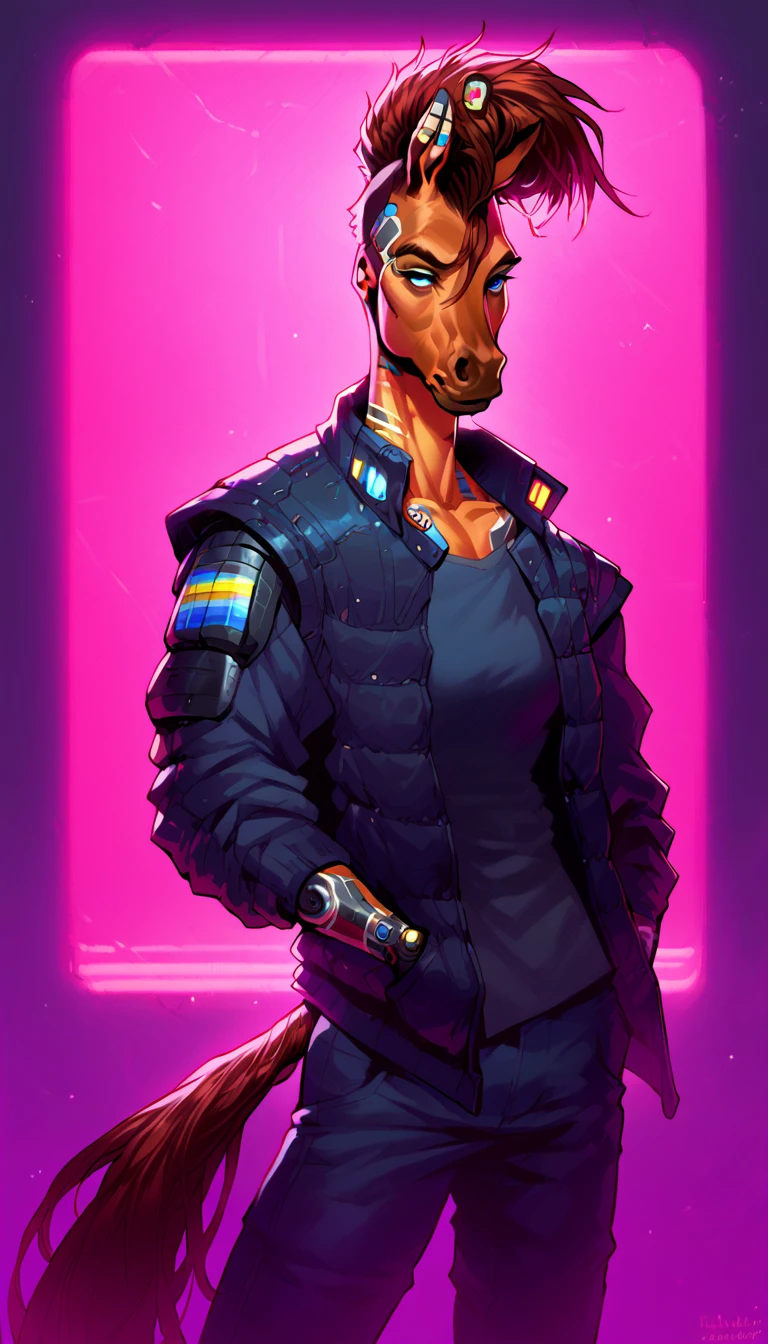 score_9, score_8_up, score_7_up, (cyberpunk buildings, cyberpunk neon signs, cyberpunk cars, cyberpunk-style city on background),
((Horse:1.2), anthro, solo, female, (closeup, portrait, standing), (holding), ((wearing clothes)), ((have fur)), beautiful, (have cyberpunk augmentations, cyberpunk implants, cyberpunk-style additions:1.75)