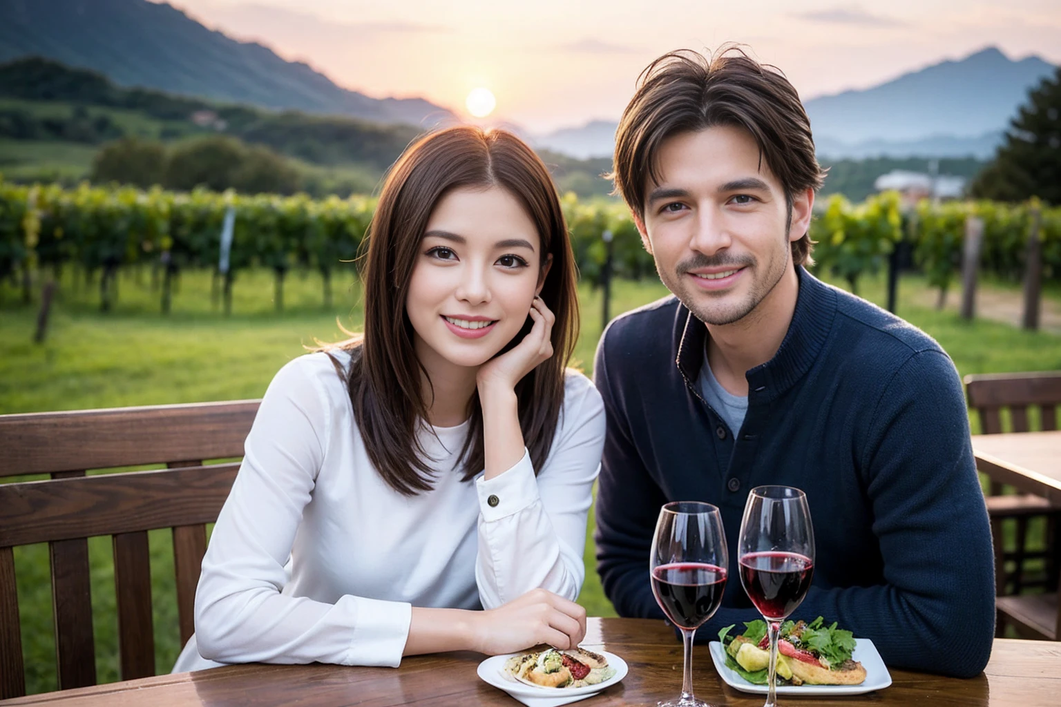 ((Highest quality、8K、masterpiece:1.3))、1 male、1 female、spouse、Beautiful couple、smile、 (Slim face), (the body is スリム), (Brown Hair), (Shortcuts), ((Bob Hale、Straight hair:1.2)), テーブルの上のwine glass、Please shine a light on my face、 Amazing view of the sunset sky and clouds、Amazing mountain views、smileの美しさ、Bright image、Blushing, Shortcuts,Bright Face、 (42 years old), 39 years old, red wine 、Appetizers、Italian food、Wine bottle、Champagne、sparkling wine、Long sleeve shirt、dress、Attractive beauty、restaurant, Nova Frog Style, actress, model, Upper Body, White wine, red wine, wine glass,