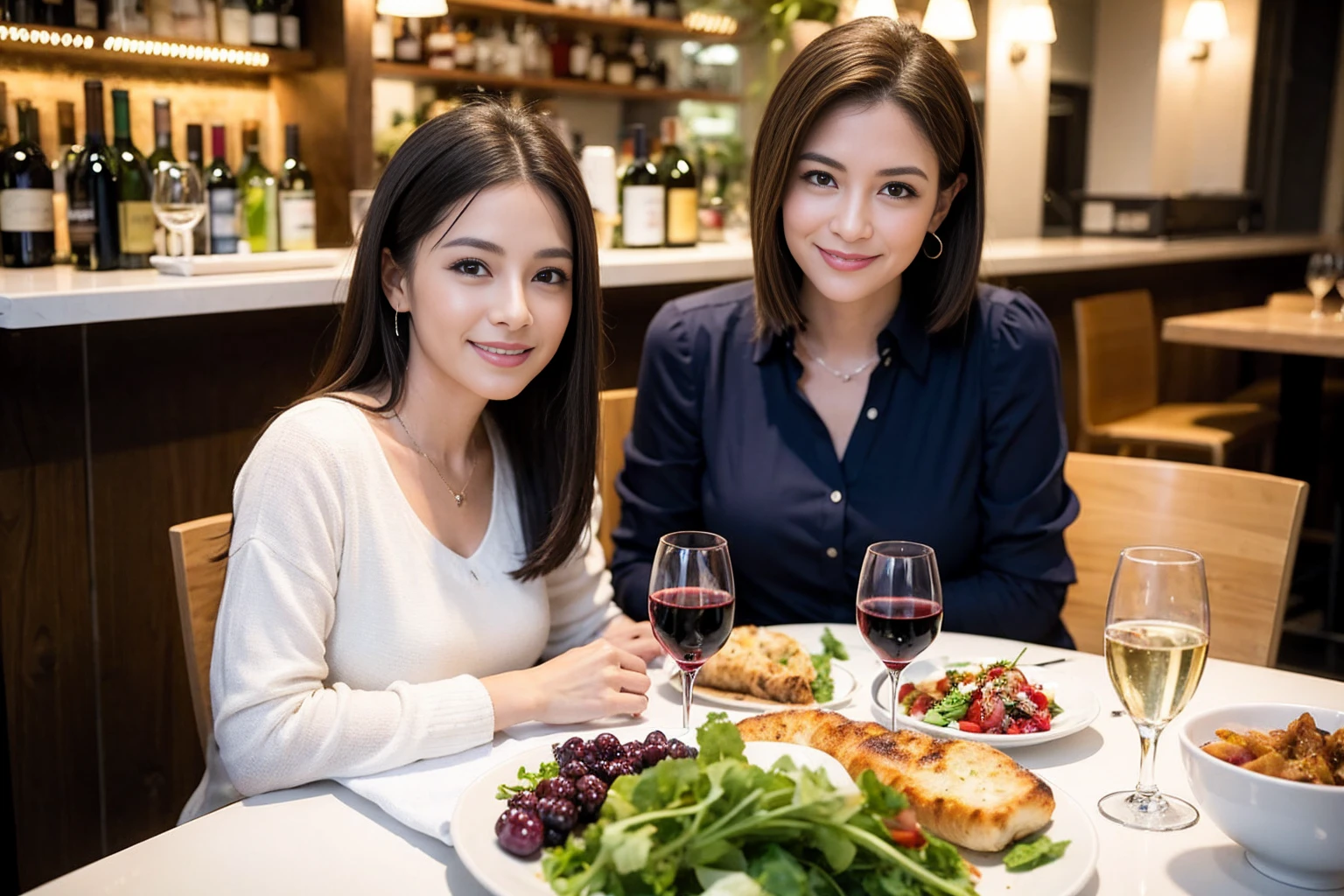 ((Highest quality、8K、masterpiece:1.3))、1 male、1 female、spouse、Beautiful couple、smile、 (Slim face), (the body is スリム), (Brown Hair), (Shortcuts), ((Bob Hale、Straight hair:1.2)), テーブルの上のwine glass、Please shine a light on my face、 Amazing view of the sunset sky and clouds、Amazing mountain views、smileの美しさ、Bright image、Blushing, Shortcuts,Bright Face、 (42 years old), 39 years old, red wine 、Appetizers、Italian food、Wine bottle、Champagne、sparkling wine、Long sleeve shirt、dress、Attractive beauty、restaurant, Nova Frog Style, actress, model, Upper Body, White wine, red wine, wine glass,