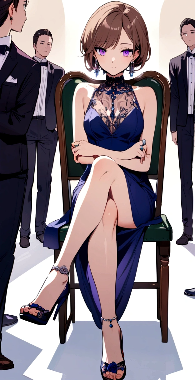 Brown short hair,Purple eyes,Navy Blue Dress,ring earrings,sit cross-legged on a chair,Heel,A few fans behind.