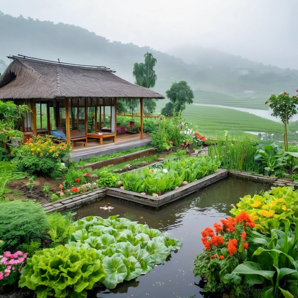 view from far, cottage, the sacred symbol of nature, A straw house on the hill (stilt house), garden around the house with flowers, vegetables, rows of vegetables. A coffee table, chairs. A Koi pond, In front of the house is a valley. scenery, a rainy day.
