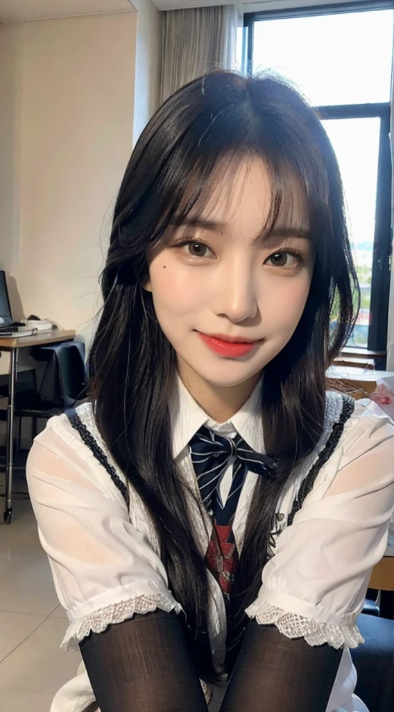 (1 Korean star with royal sister style), ((Best quality, 8K, Masterpiece: 1.3)), focal point: 1.2, Perfect body proportions: 1.4, (Make a smile), Watery eyes, Highly Detailed Face and Skin Textur, Fine eyes, Double eyelids, Whitens the skin, (long whitr hair, By bangs: 1.3), (face round: 1.5), (JK school uniform: 1.4), (Lace view: 1.6),(black lence stockings: 1.4),(JK style:1.4),(Daylight dusk:1.3),(A bustling city:1.3)