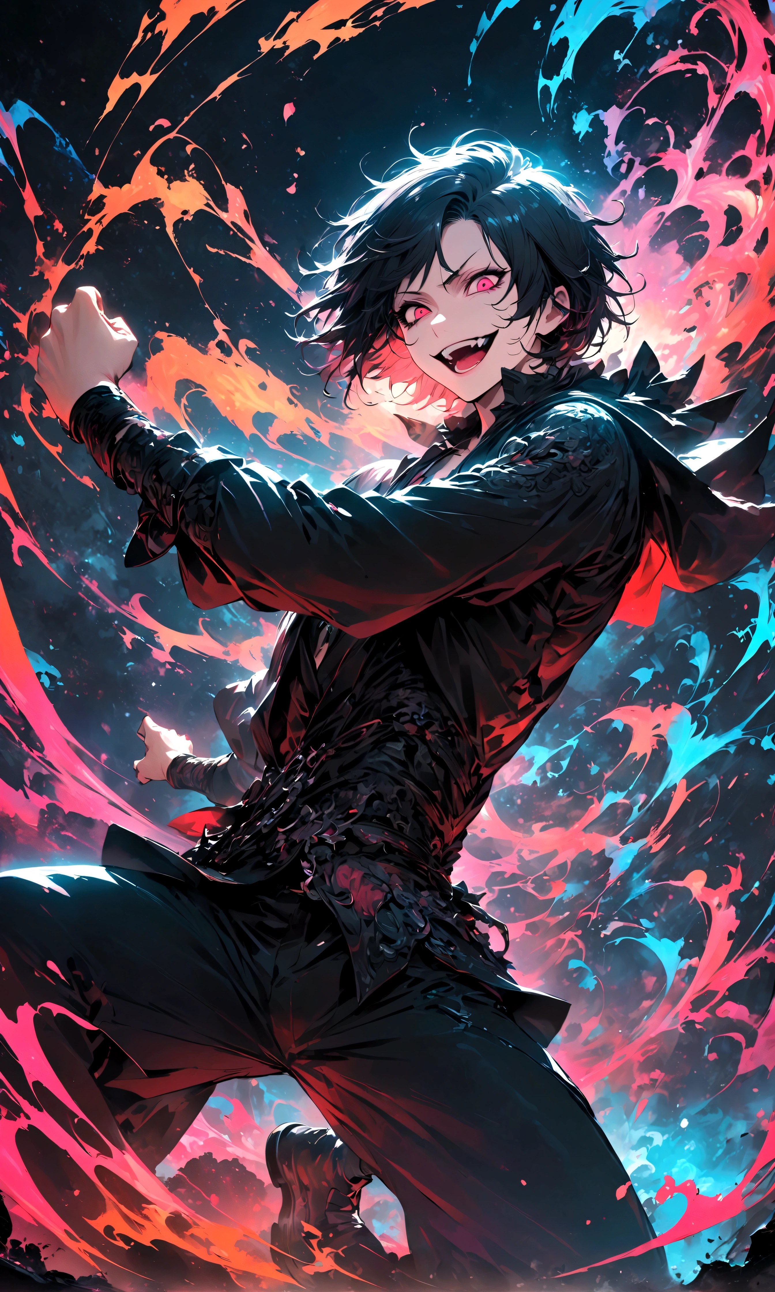 1 male,Jinmu,Tokyo Ghoul,,Ishida Sui&#39;s style,Intricate details,Use black and white as the main colors,decadent,artwork,Rendering,Dynamic poses,(masterpiece:1.3),(best quality:1.4),(Extremely detailed:1.5),high resolution,Extremely detailed,Unity 8K wallpaper,Dark Fantasy,glare,Fighting Style,Crazy smile,tangled,Best color balance,