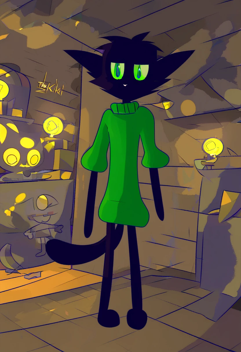 all black feline guy, cartoonish, 3d animation, green eyes, lime slitted pupils, walking around basement, Pixar animation, dim lighting, spherical head, long thin tail, thin, skinny, tall, pointy triangle ears, 3d shapes body, green sweater, extremely pitch black fur, seven feet tall, wolf-like, fluff fur, fox- like ears and snout, calarts style ((((by inkplasm, by thekilinah:1.12)))