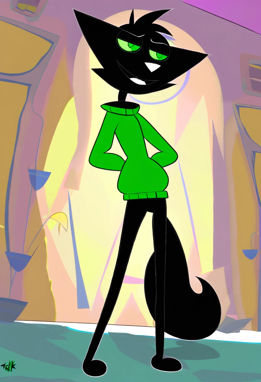 all black feline guy, cartoonish, 3d animation, green eyes, lime slitted pupils, walking around basement, Pixar animation, dim lighting, spherical head, long thin tail, thin, skinny, tall, pointy triangle ears, 3d shapes body, green sweater, extremely pitch black fur, seven feet tall, wolf-like, fluff fur, fox- like ears and snout, calarts style    ((((by inkplasm, by thekilinah:1.12)))                                                         