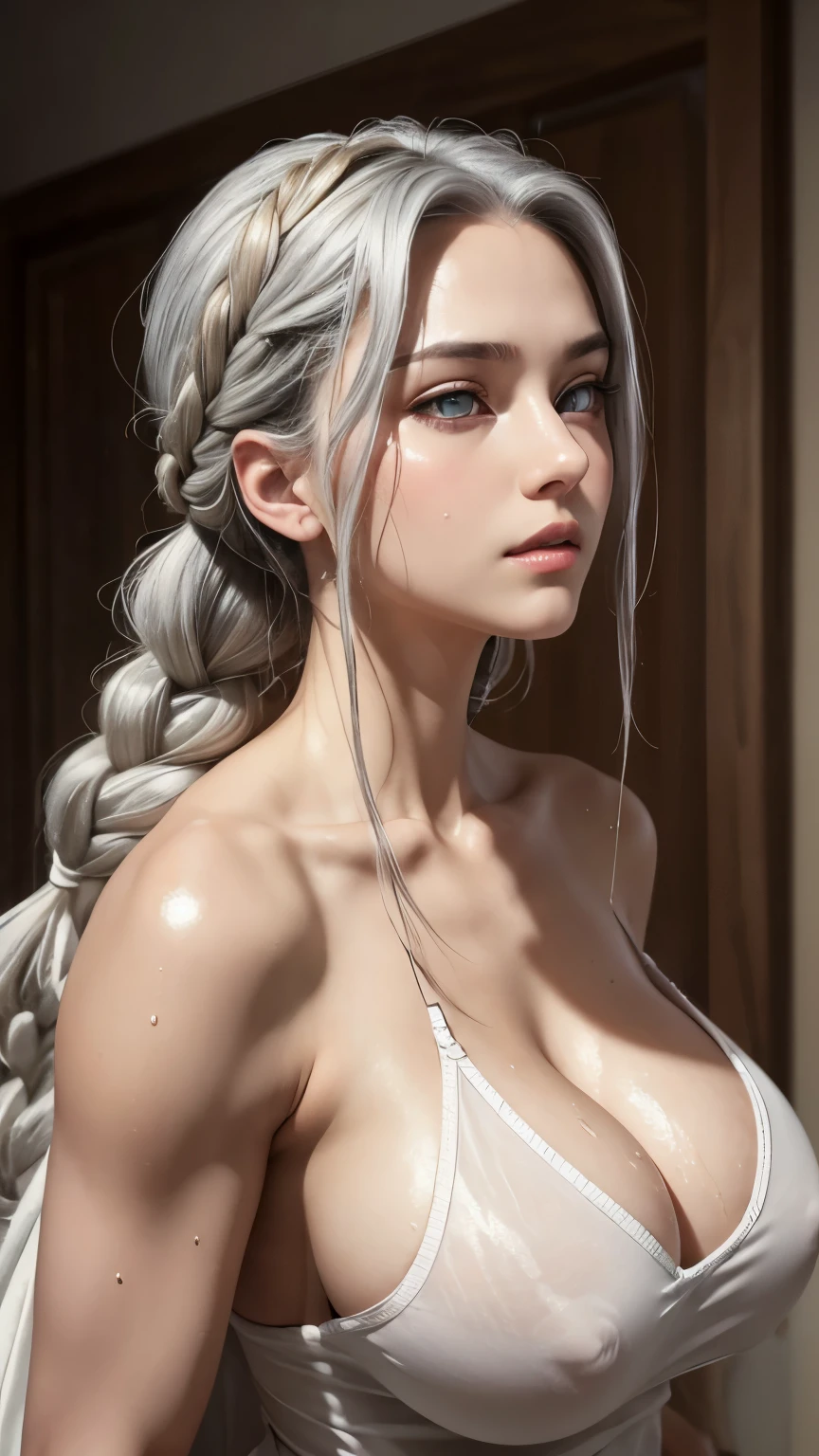 Highest quality, masterpiece,Gray Hair, Golden Eyes,White clothes, look up, Upper Body,hair,Fair skin,Side braid Dirty Body Upper Body Sweaty Big Breasts Expose Fluid from nipples Reverse Rape Slimy saliva Urinating Watching the audience Attractive body Muscular lure sweating