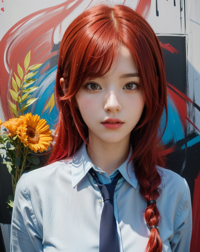 cute girl with red hair and a tie in front of a colorful background, style 4 k, portrait girl, portrait of an girl